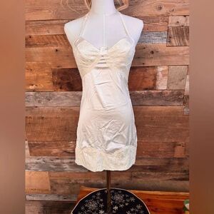 Lace Trim Halter Mini Slip Dress in Cream